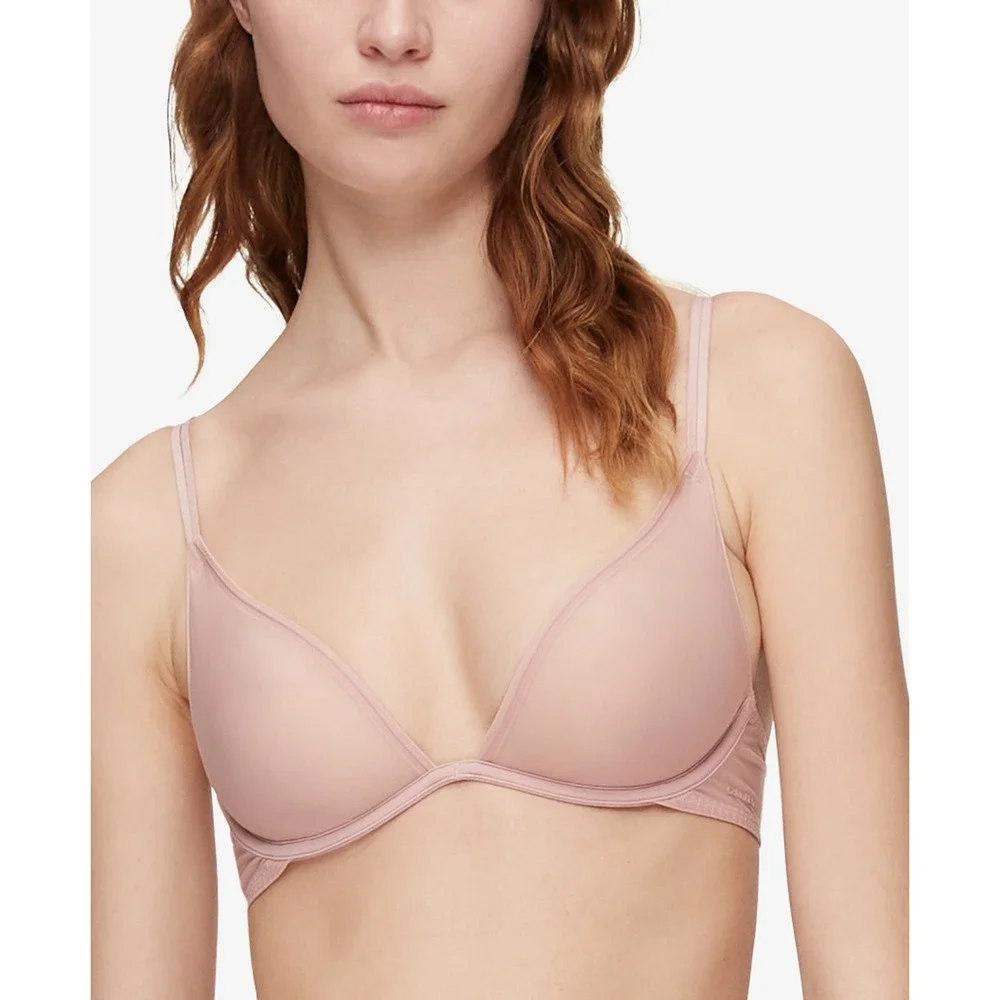 Calvin Klein Womens 32D Sheer Marquisette Unlined Plunge Bra QF6727 in Pink 1476